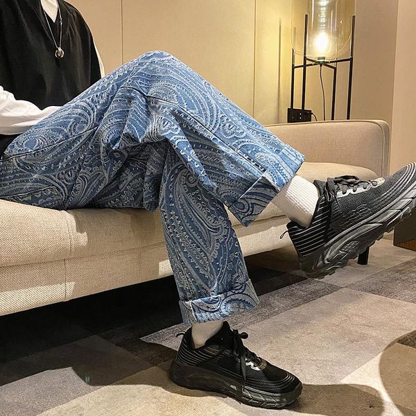 

men's jeans cashew flower print jean pants men casual denim elastic waist streetwear straight fashion trousers women clothing, Blue