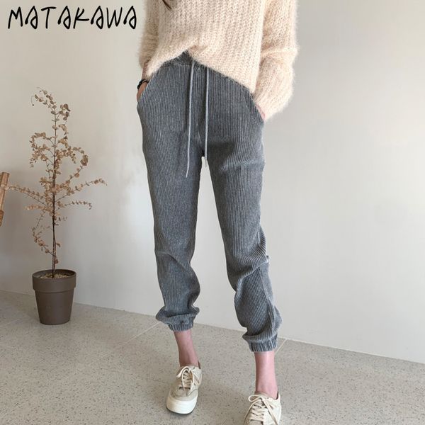 

matakawa slim corduroy straight trousers korean chic basic high-waisted woman pants comfortable drawstring casual pants women 210513, Black;white