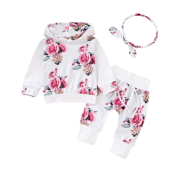 

patpat 2021 spring and autumn 3-piece trendy flower patterned hoodie, pants headband set for baby girl clothing sets, White