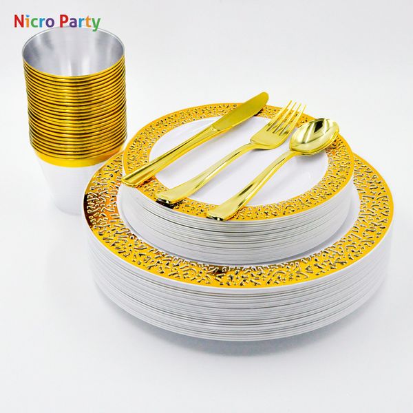 NICRO 150 adet / takım Altın Gümüş Gül Altın Kupalar Plastik Tabaklar Çatal Bıçak Kaşık Tek Kullanımlık Temizle Yemek Seti 210408