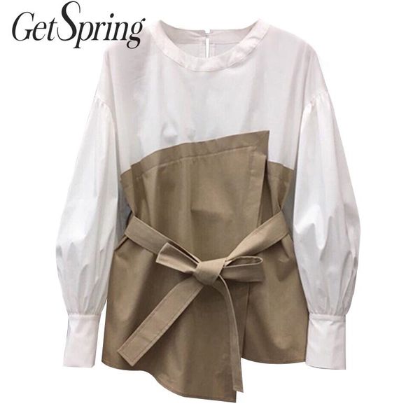 

getspring women shirt bandage color matching long sleeve blouse fake two casual white woman blouses shirts fashion 210601