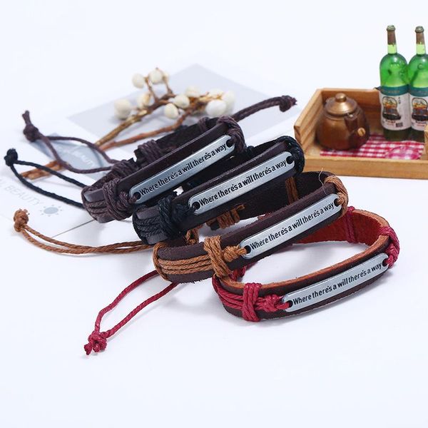 

charm bracelets bluestar vintage leather bracelet for men women engraved letters where there's a will way jewelry adjustable gifts, Golden;silver