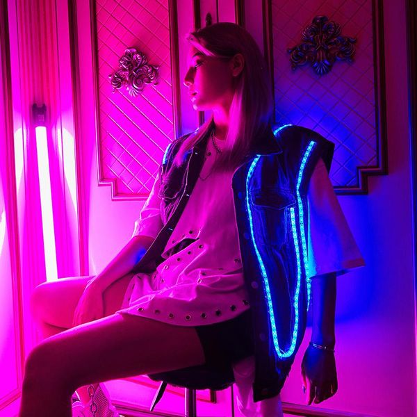 

women's vests ladies jackets 2021 sci-fi design led soft light band hip hop dazzling vest original fashion motorcycle leather, Black;white