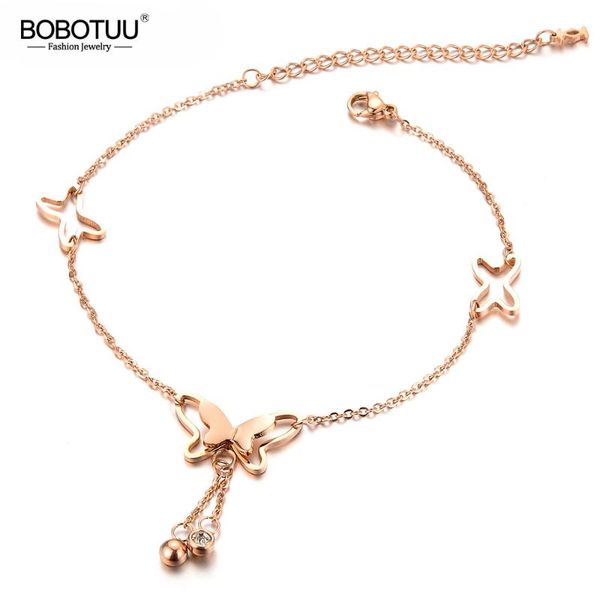 

anklets bobotuu delicate butterfly pendant women jewelry stainless steel fashion cubic zirconia ankle bracelets ba19033, Red;blue