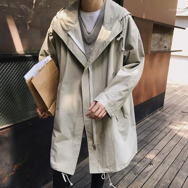

men's trench coats 2021 autumn fashion trend hat long jacket loose windbreaker black/khaki color high-quality big size -5xl, Tan;black