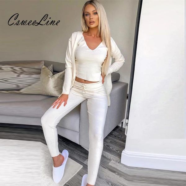 

knitted 3 piece women lounge wear sets cardigan ladies jumper outfits autumn knit tracksuit woman casual pcs matching women's two pants, White
