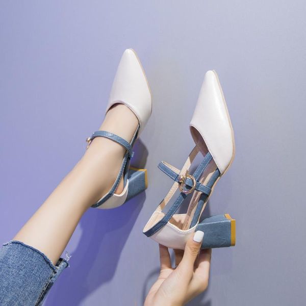 

fashion women's pointed toe sandals buckle high square heel shoes pu leather ol mixed color blue beige a7, Black