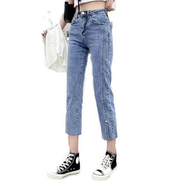 

stretch thin straight leg women's jeans 2021 high waist stripe open nine-point smoke, Blue