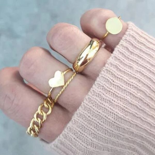 

5pcs/set vintage geometric heart shape finger rings for women fashion gold color chain metal chunky rings female jewelry gifts, Silver