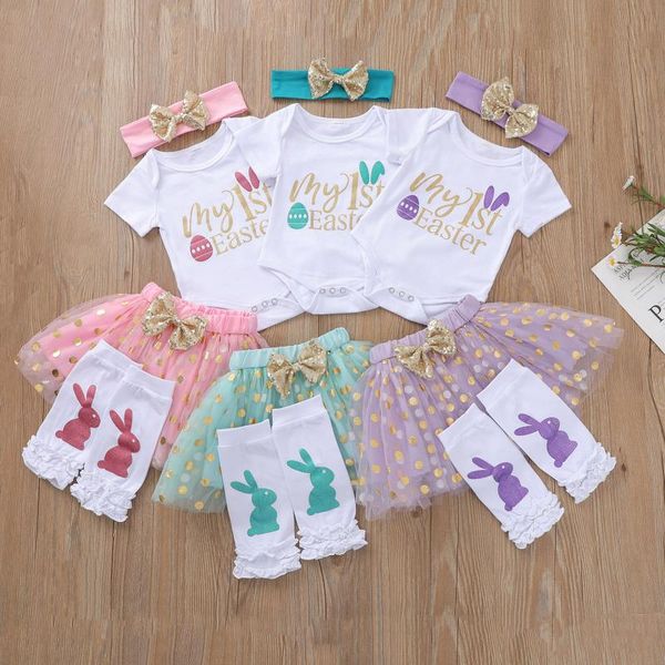 

clothing sets born baby girls easter 4-piece outfit set short sleeve romper+tutu skirt+headband+ for 0-24m, White