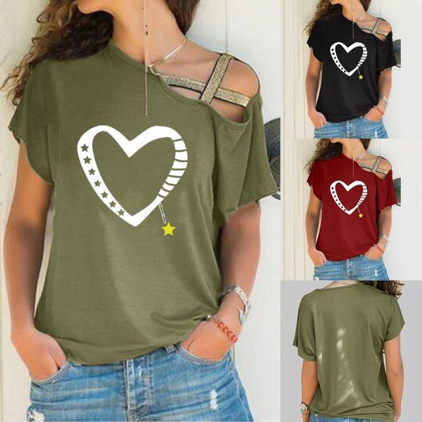 

summer women's fashion casual cross shoulder irregular short sleeve t-shirt ladies loose pullover tshirt#35, White