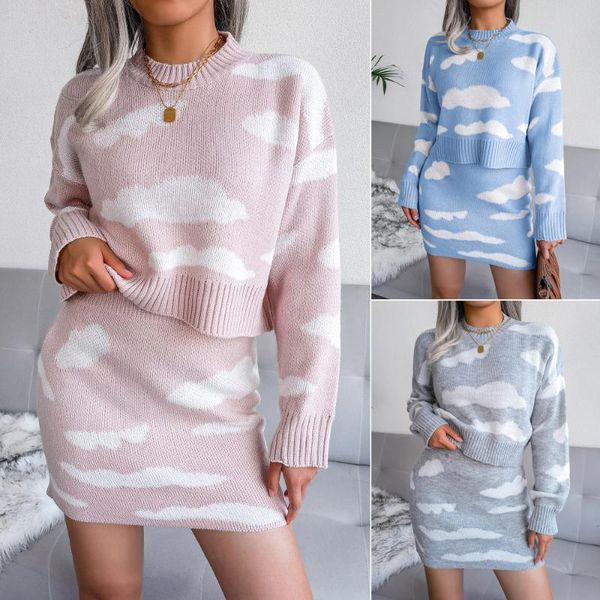 

women's sweaters fashion women knitting , long sleeve round neck cloud print shirt wrapped straight half dress, 2022 winter autumn, White;black
