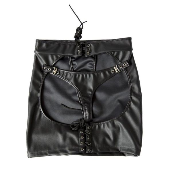 

skirts faux leather lace-up spanking skirt fetish clubwear open hip bondage toys, Black