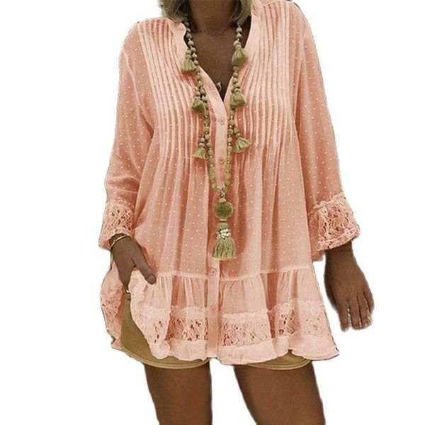

women's polos lace hollow out womens and blouses 2021 spring beach style plus size female tunic loose long sleeve dot baggy shirt, White
