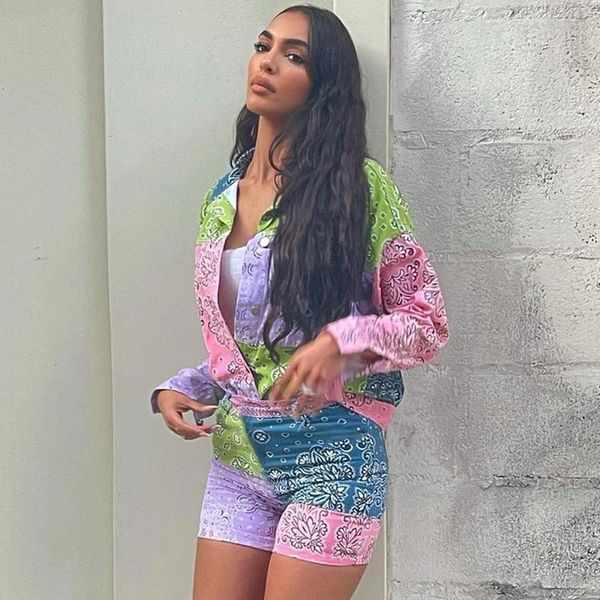 

women's shorts ladies' casual 2 piece set girls' vintage print blouse lapel button color block patchwork long sleeve blouse+, White;black