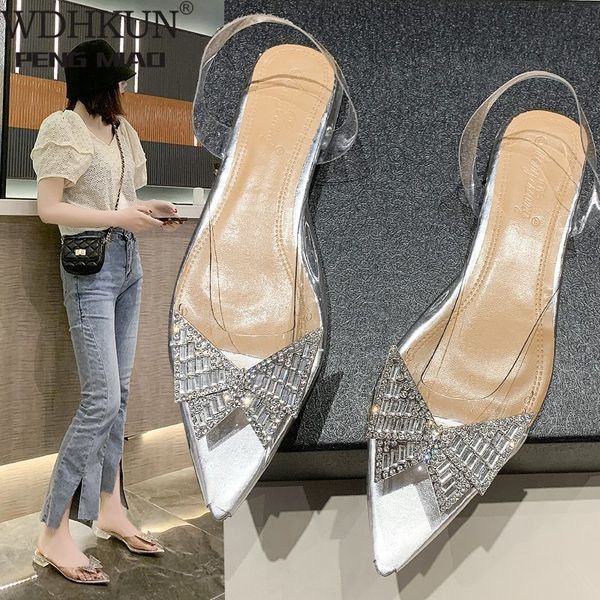 

sandals women summer bowknot embellished shoes party shoe woman pointed toe transparent heels sandalias mujer m1a3, Black