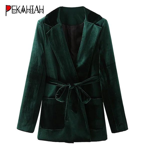 

vintage oversize green pocket suit coats fashion slim long sleeve velvet sashes office coat famale outerwear chic women's suits & blaze, White;black