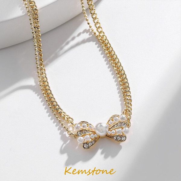 

chokers kemstone vintage butterfly bow-knot crystal pearl elegant female gold plated pendant necklace choker gift jewelry, Golden;silver