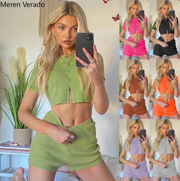 

women's tracksuits meren verado summer knit sweet two piece sets young style single breasted crop & shorts pants jogger sportswear clot, Gray