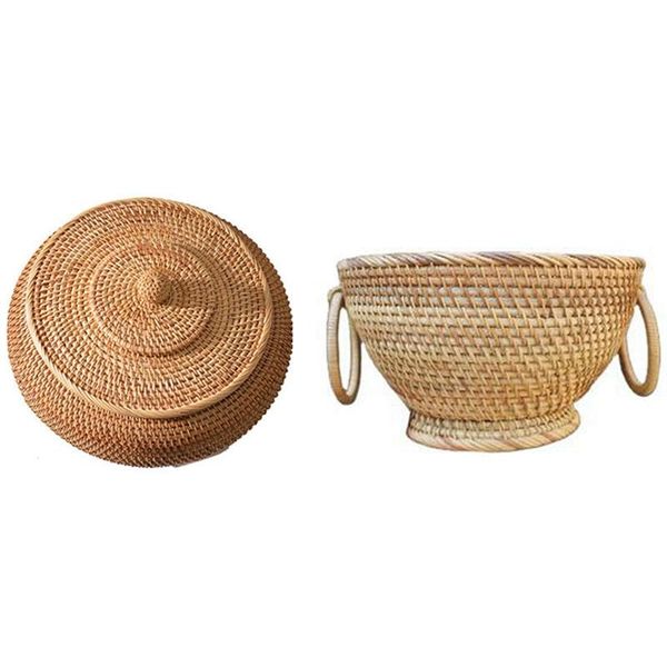 

storage baskets 1 pcs rattan boxes with lid hand-woven wicker tray & fruit basket creative candy bowl
