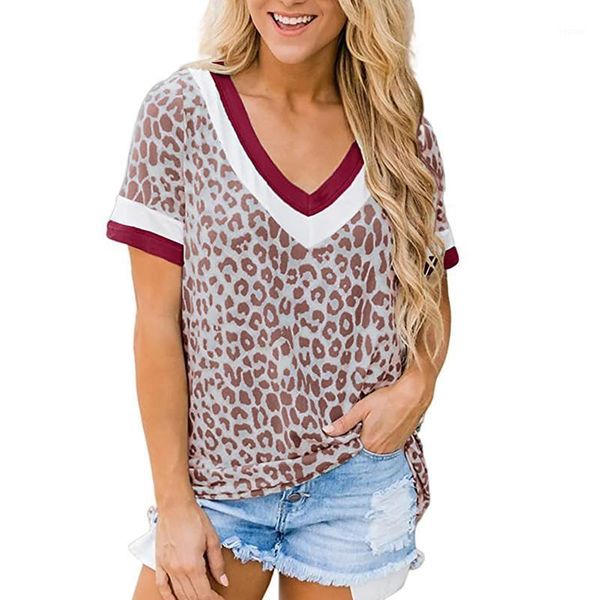 Damen Leopard-V-Ausschnitt T-shirts Kurzarm Lose Casual T-Shirt Tops FFT T-Shirt