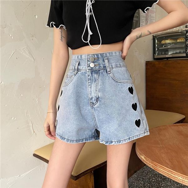 

summer 3 sizes s womens jean l simple loose light blue high waist fashion heart embroidered pockets women shorts
