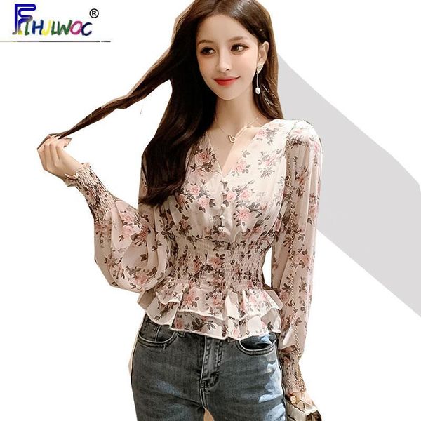 

women's blouses & shirts 2021 spring summer cute women long sleeve korean japanese v neck slim waist ruffled peplum floral c, White