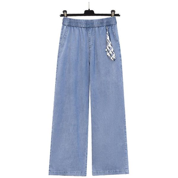 

women's jeans summer show thin straight tube breathable soft pendant decoration elastic waist pants wide leg pants[1-8579#], Blue