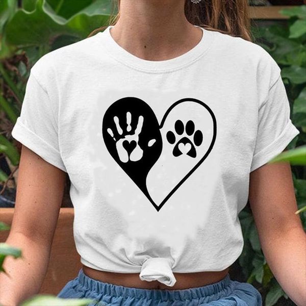 

graphic love heart paw dog womens animal short sleeve 90s trend spring summer print female clothes tees t shirt, White