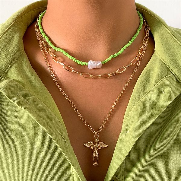 

yamog retro cross jesus portrait pendant necklaces women baroque pearl beaded clavicle chains european multi layer thick thin collarbone lin, Silver