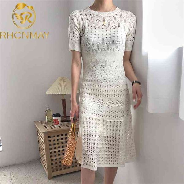 

women hollow out knitted dress summer short sleeve sweater long chic elegant midi bodycon mermaid 210506, Black;gray