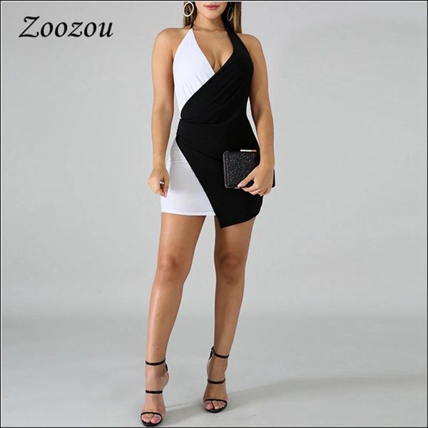 

casual dresses black white patchwork deep v mini dress women tie nape strap backless bodycon sleeveless halter neck party, Black;gray