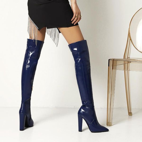 

boots ins women over-the-knee plus size 22-26.5cm length patent leather thick heel high long womens, Black