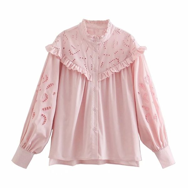 

summer women hollow embroidery side slit pink blouse female long sleeve shirt casual lady loose blusas s8828 210430, White
