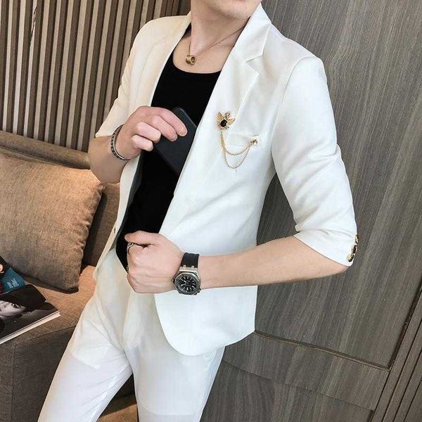 6 Clors Halbe Hülse Männer Hochzeit Anzug Sommer Männlich Slim Fit Anzüge Für Männer Business Formale Party Dünne Jacke mit knöchel Hosen X0909