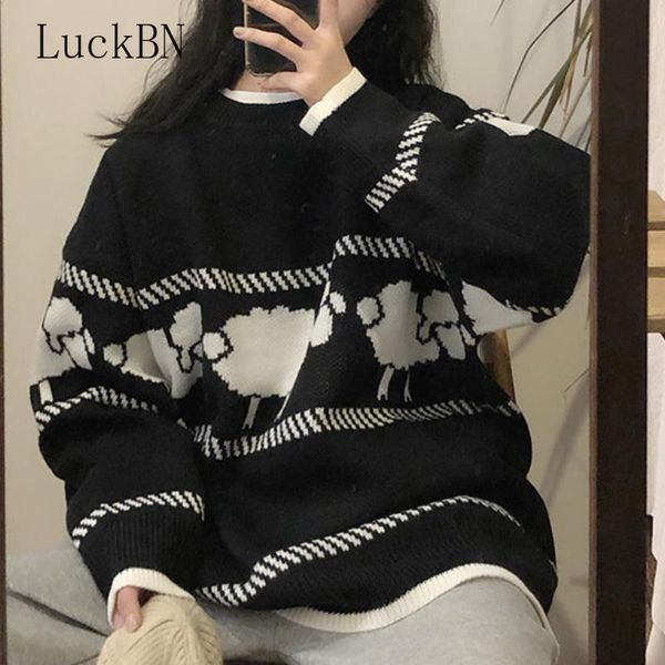 

women's sweaters harajuku jumper 2021 autumn winter knitted sweater pullover women cartoon print cute pull femme vintage, White;black