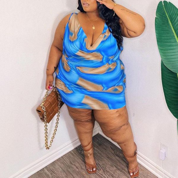 

casual dresses plus size for women 4xl 5xl spaghetti strap blue printed bodycon mini length evening night club clothes dress 2021, Black;gray