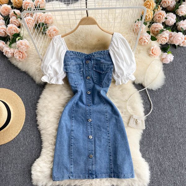 

casual dresses hong kong style age-reducing bubble sleeve contrast color stitching retro denim dress female summer buttoned slim s, Black;gray
