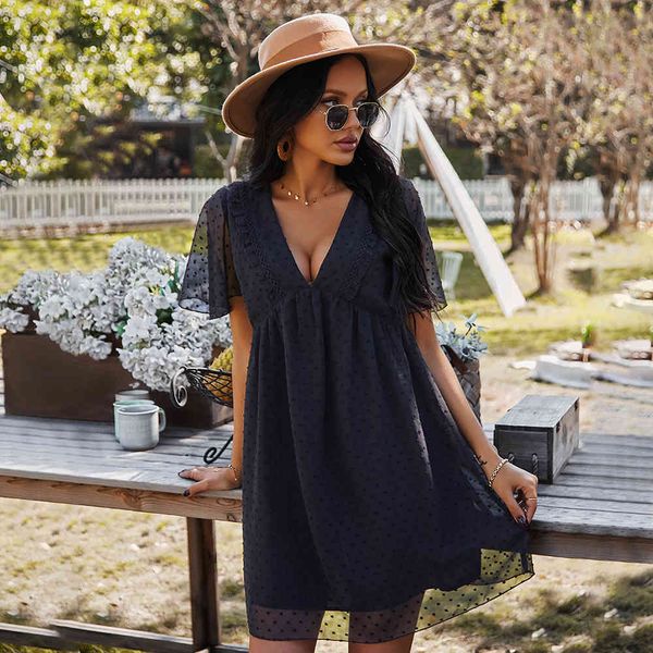 

women a-line mini dress long fashion v-neck short sleeve chiffon dresses summer beach dresses 210524, Black;gray