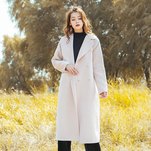 

women's wool & blends johnature autumn winter double-breasted woolen coat 2021 casual loose turn-down collar long women outerwear, Black