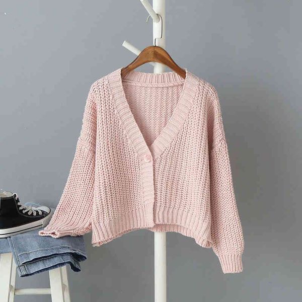 

2021 autumn womens retro style solid color one button loose v-neck knitted cardigan sweater womens jacket pink white, White;black