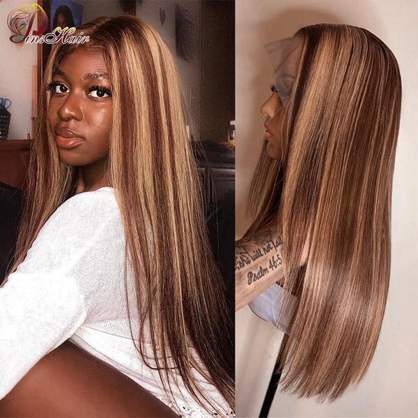 

lace wigs remy human hair wig honey blonde ombre 13x1 brazilian brown color hd front straight highlight pinshair, Black;brown