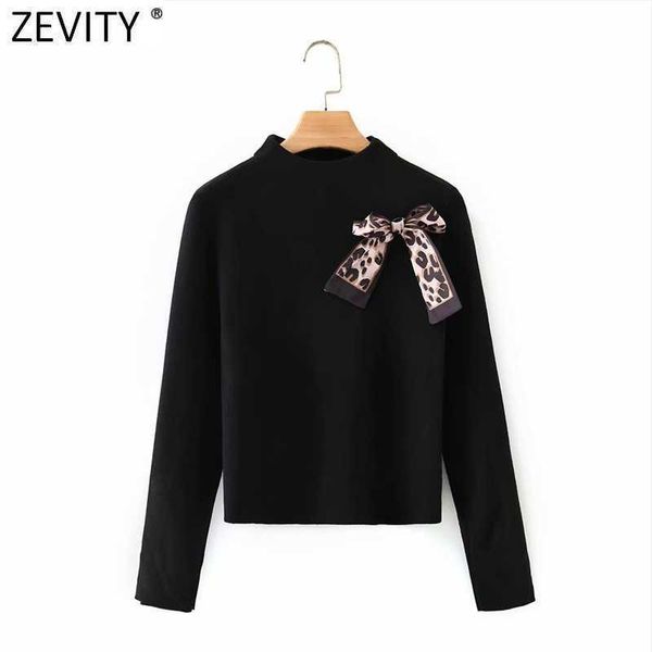 

zevity women fashion leopard bow decoration long sleeve knitting sweater female chic solid pullovers s645 210603, White;black
