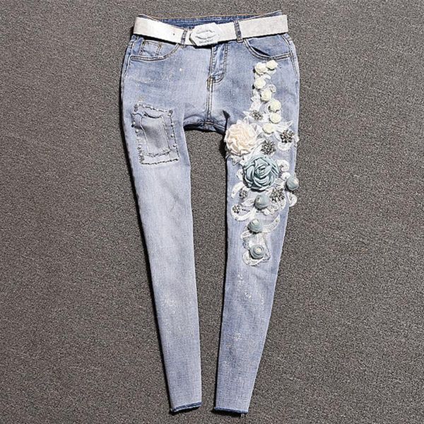 

women's pencil jeans 3d flower vintage skinny trousers ripped distressed fashion elastic stretch blue high street