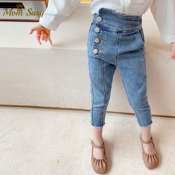 

fashion baby girl jean pants cotton high waist infant toddler children button denim trousers long girls pant clothes 1-10y jeans, Blue