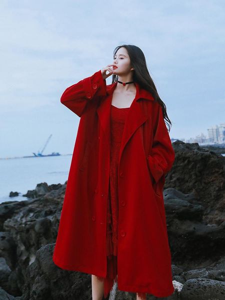 

women's trench coats abrigos women invierno 2021 autumn vintage casual loose red belted coat cortaviento windbreaker ropa mujer, Tan;black