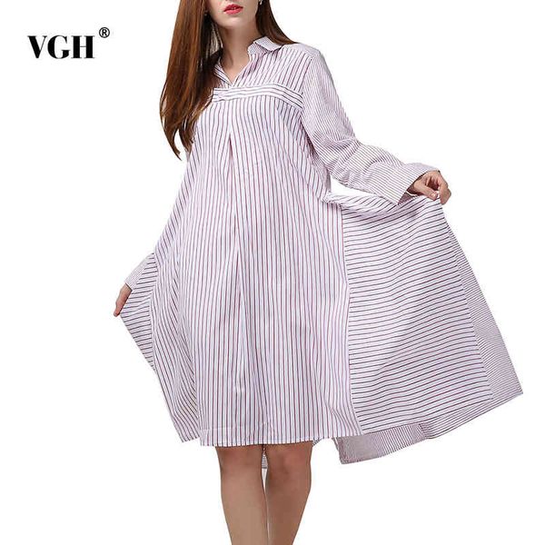 

vgh striped print letter for women lapel long sleeve casual loose irregular hem dresses female fashion new clothing spring tide 210421, Black;gray