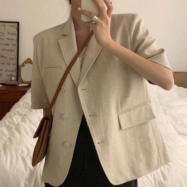 

summer korean chic fashion suit collar solid color three-button design casual simple female short-sleeved blazer 210510, White;black