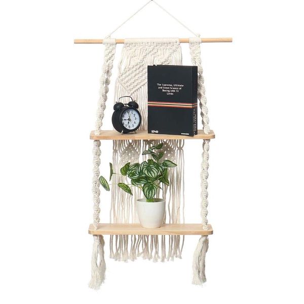 

other home decor hand-woven macrame hanging planter basket wooden shelves bohemian style 2 layers rack wall tapestry room