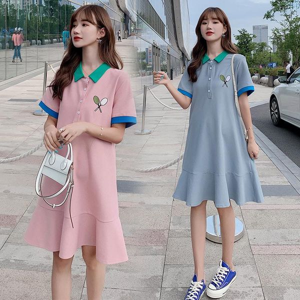 

5936# maternity clothes summer collar turn down plus size cotton stylish dress pregnant women mom dresses, White